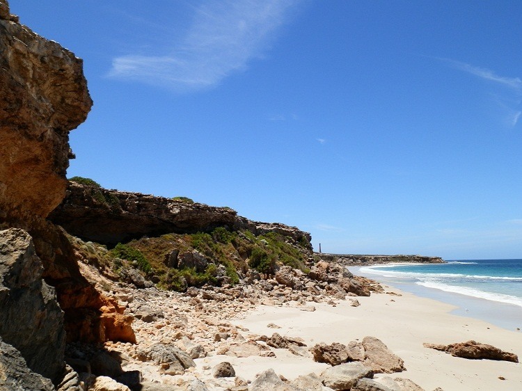 Looking down Swimmers Beach to Troubridge Point Lighthouse, Yorke Peninsula, South Australia