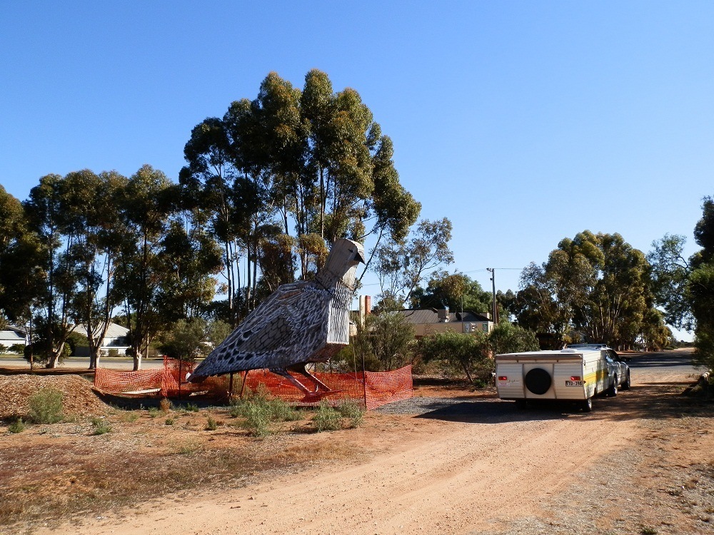 The Big Malleefowl sizes up against the camper trailer!