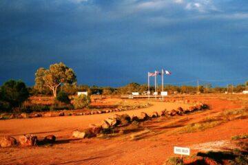 London, Paris, Thargomindah - Flags at the Thargomindah Hydro Station, Outback Queensland