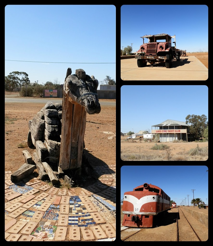 Clockwise from Left: Afghan Cameleers Monument; Tom Kruse's Mail Truck; Lake Eyre Yacht Club; Railway Memorabilia from the Ghan at the Marree Railway Station