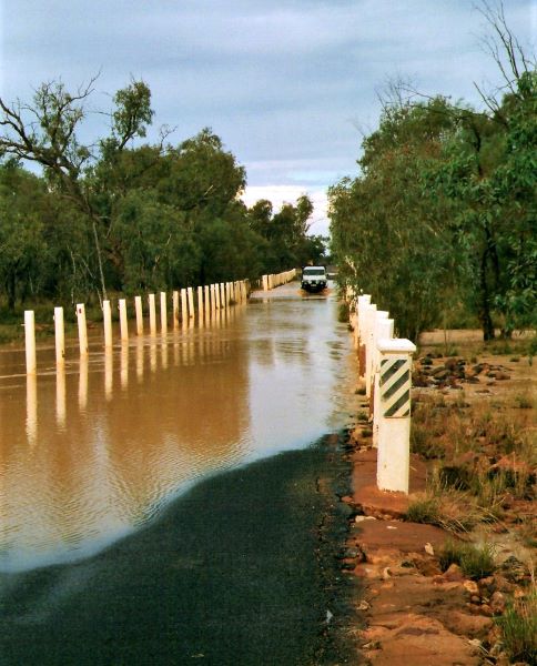 Bulloo River in Flood at the entrance to Thargomindah, Outback Queensland
