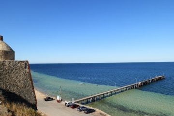 Wool Bay Jetty (and public loos) from old Limestone Kiln, Yorke Peninsula, South Australia